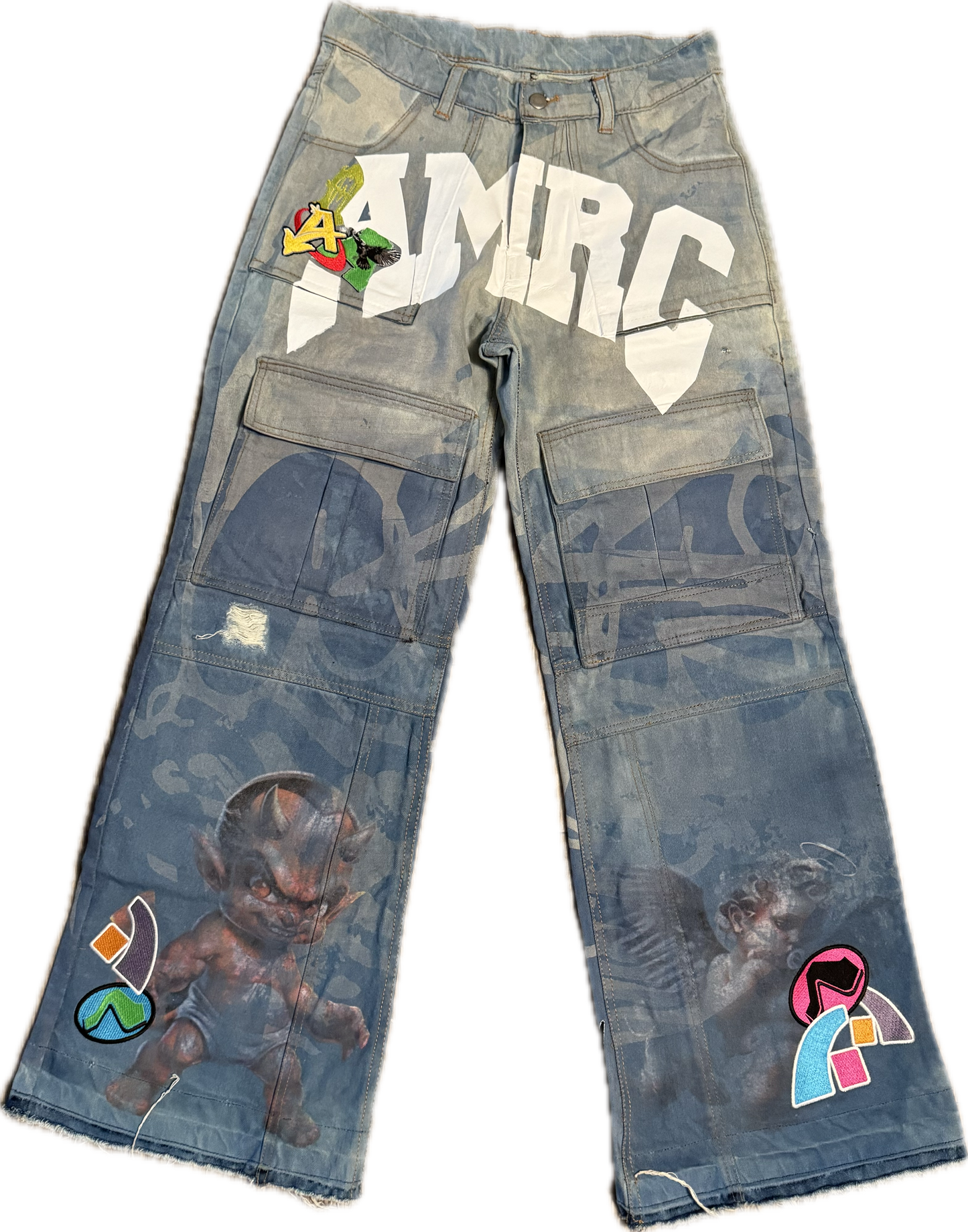 “Throw up” heavy graffiti denim